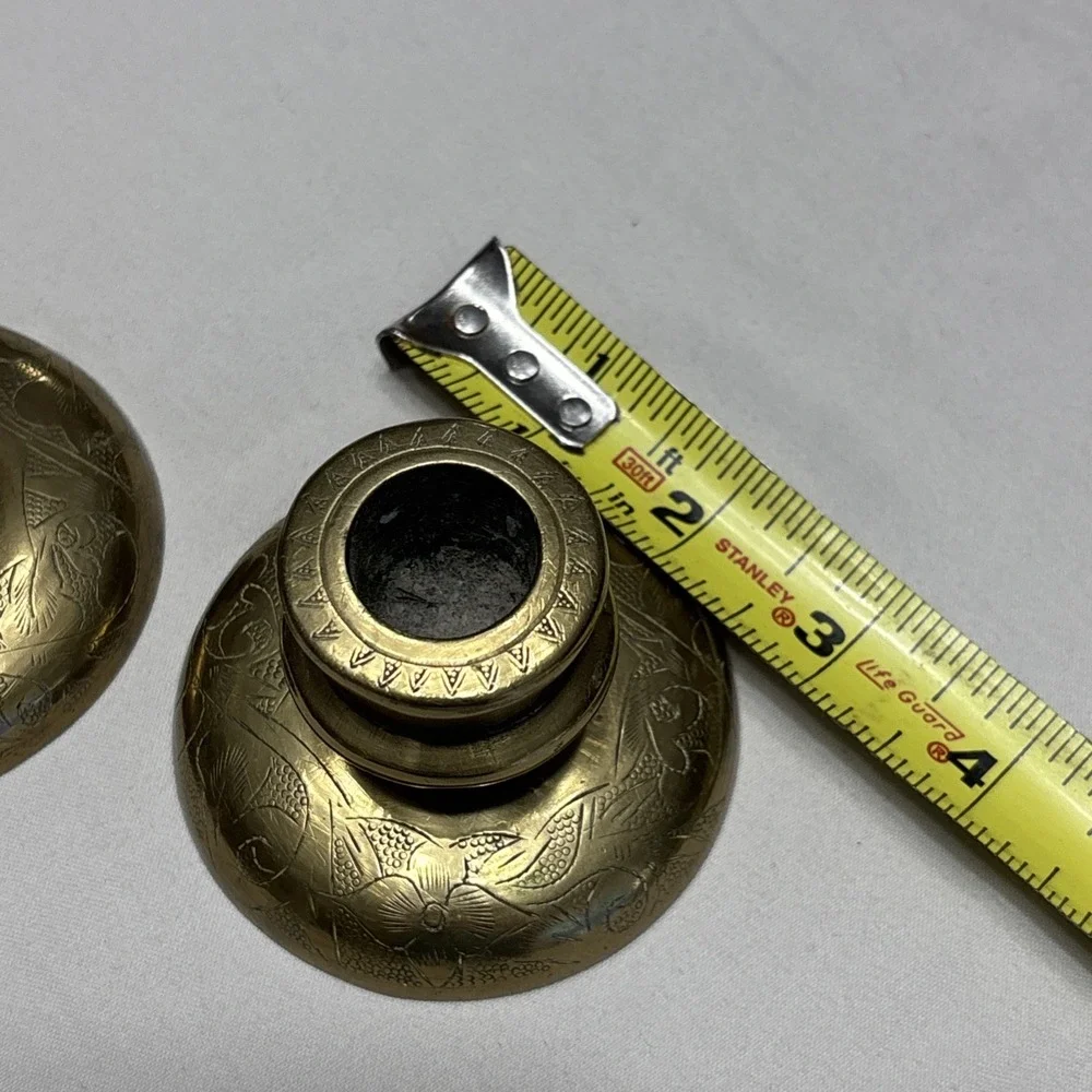 Pair of Vtg‎ Brass Engraved Candle Holders